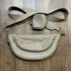 Sondra Roberts Squared Crescent Crossbody Bag Beige Faux Leather Adjustable Zip